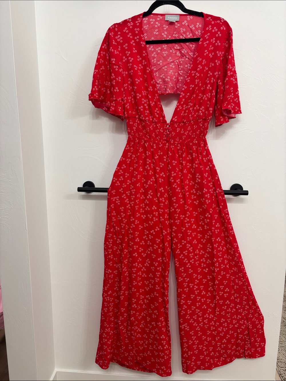 Finders Keepers Red Floral V-Neck Wide-Leg Jumpsuit with a Feminine Open Back